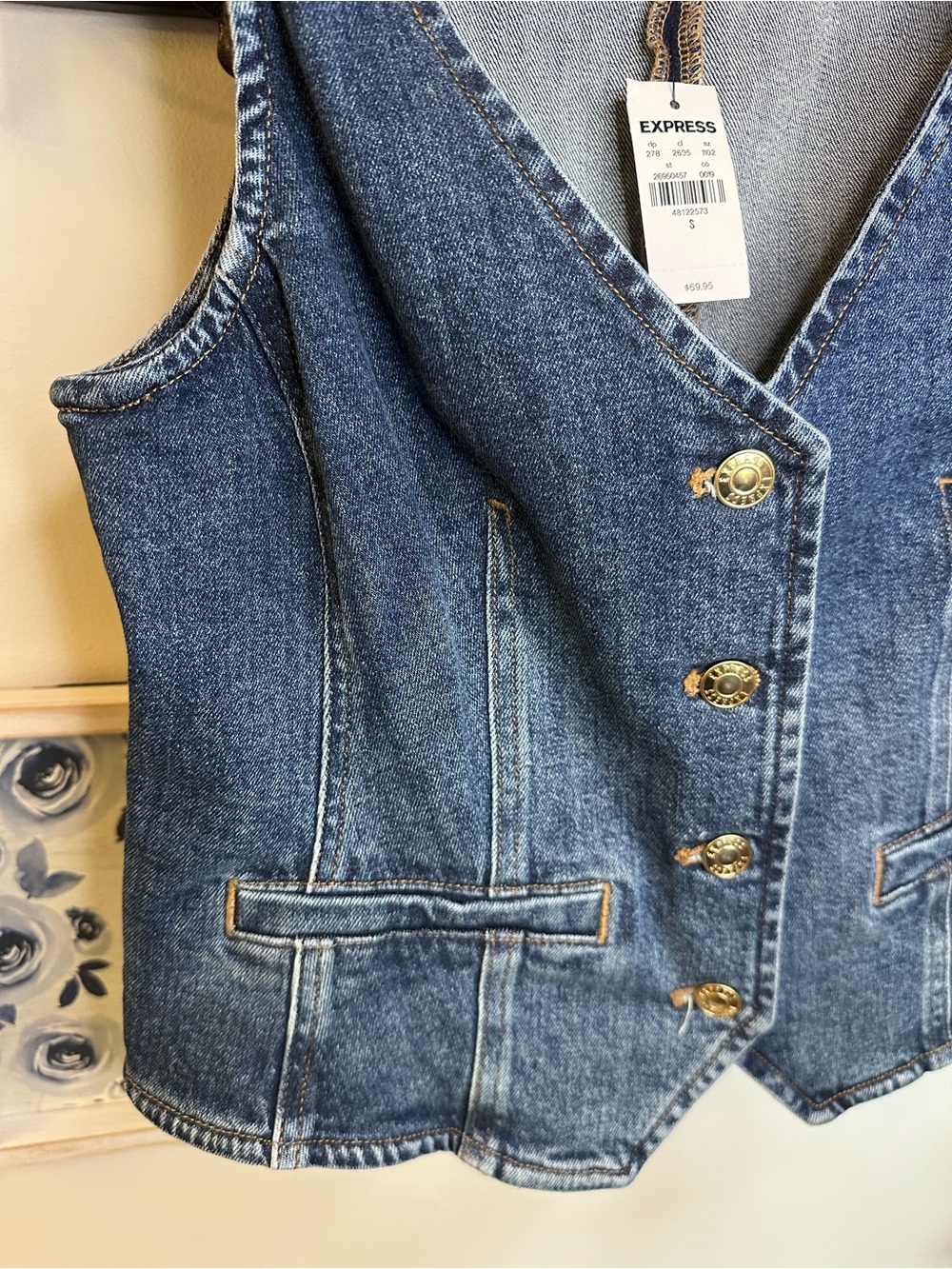 Express Dark Blue Denim Gold Button-Front Vest NWT - Picture 3 of 5